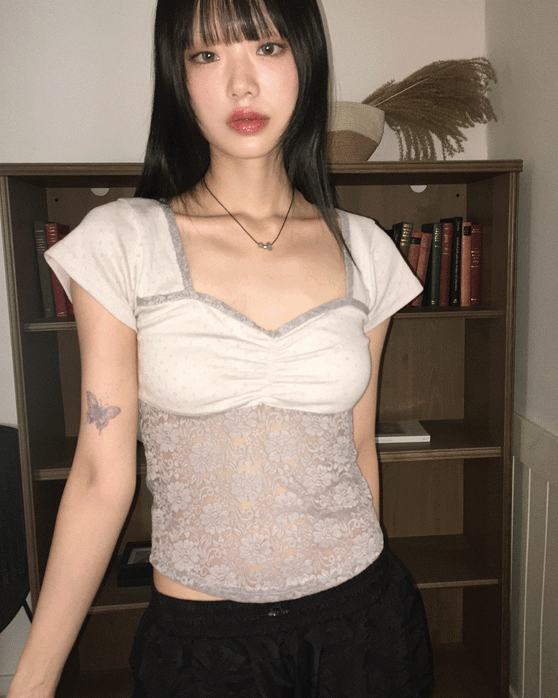 키제 레이스 펀칭 배색 셔링 반팔 티셔츠