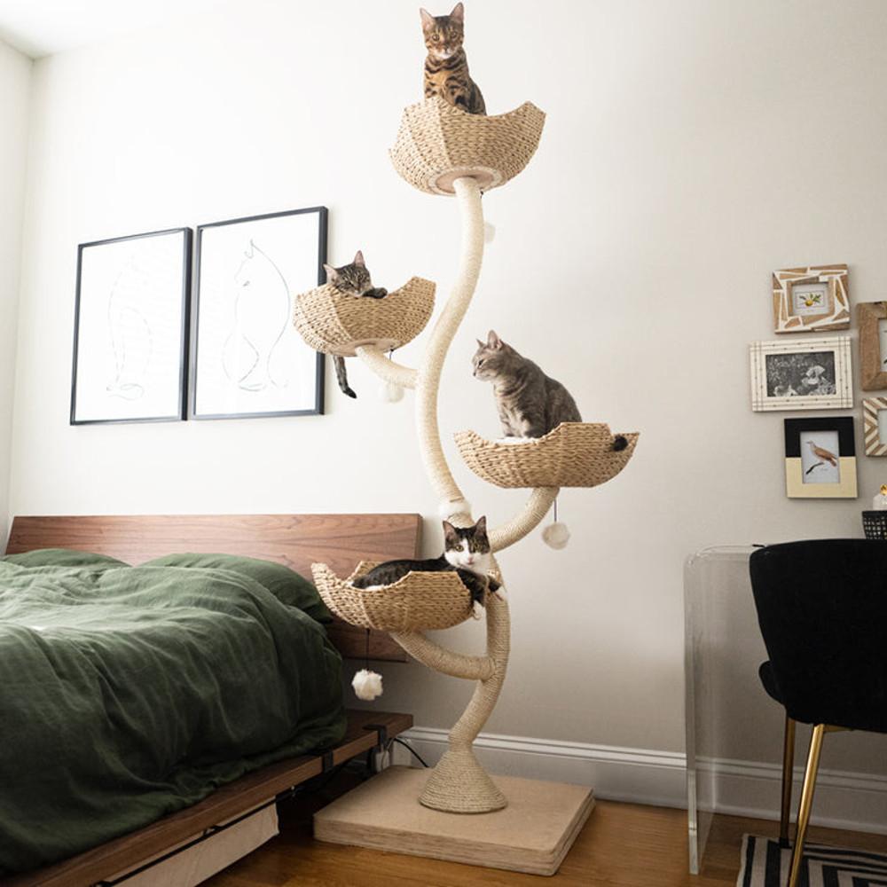 185cm 원목 고양이 라탄 4단 캣타워 올 스크래쳐 기둥 점프 놀이터