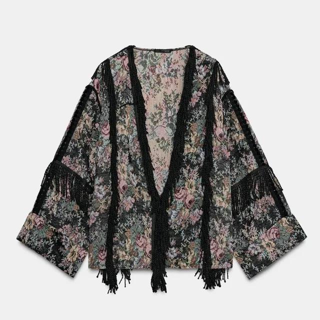 자라 플로럴 자카드 프린지 기모노 가디건 4786/215 BLACK