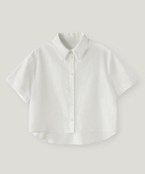 [Woman]피스 린넨 크롭 반팔 셔츠_White