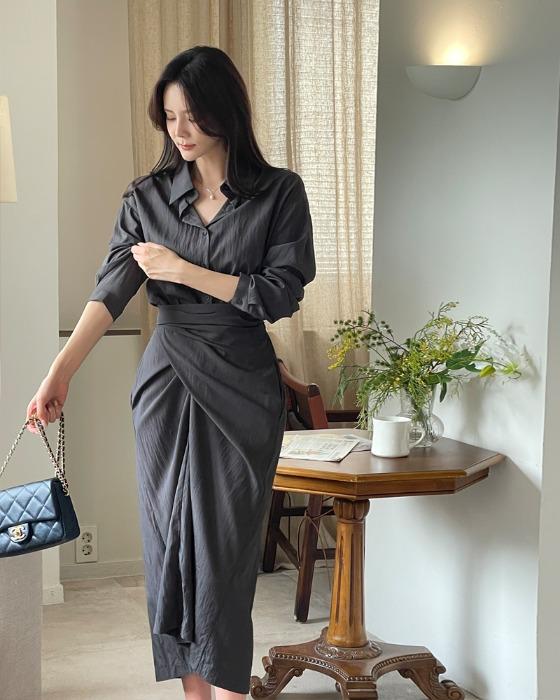 [바스락/썸머간절기] 리슬로 카라 셔츠 랩 원피스