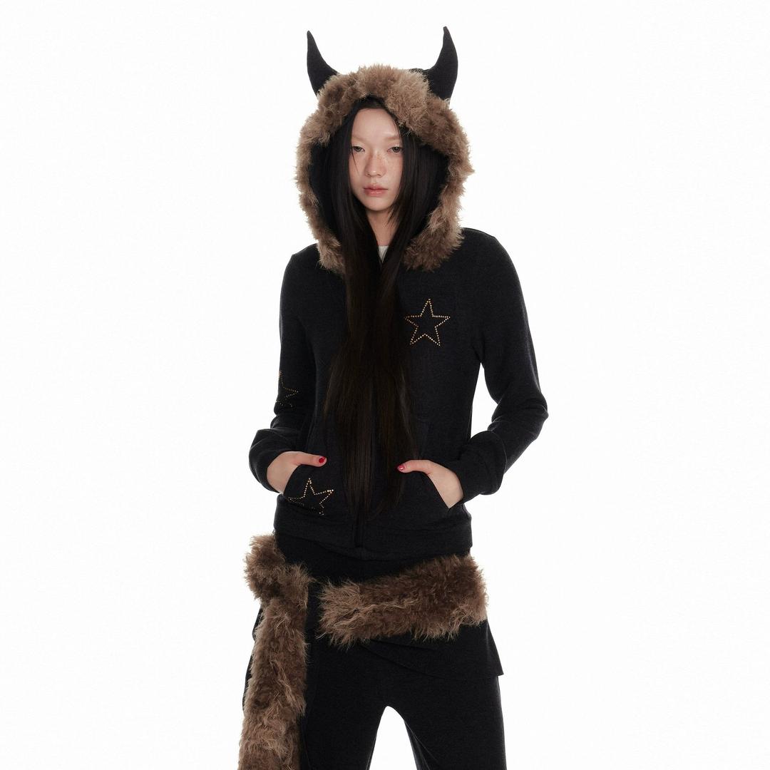 Horn Fur Collar Fuzzy Zipper Hoodie & Wide-Leg Pants Setup NA7102