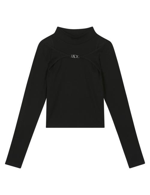 여성 숄더 컷아웃 체인장식 티셔츠 블랙