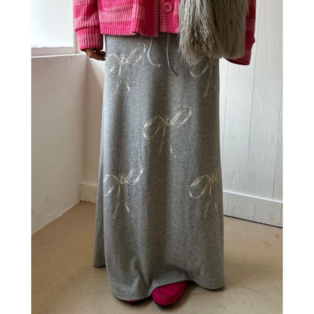 (블랙 당일) RIBBON 리본 기모 리본 스커트 나염 H라인 롱 sk (3c)