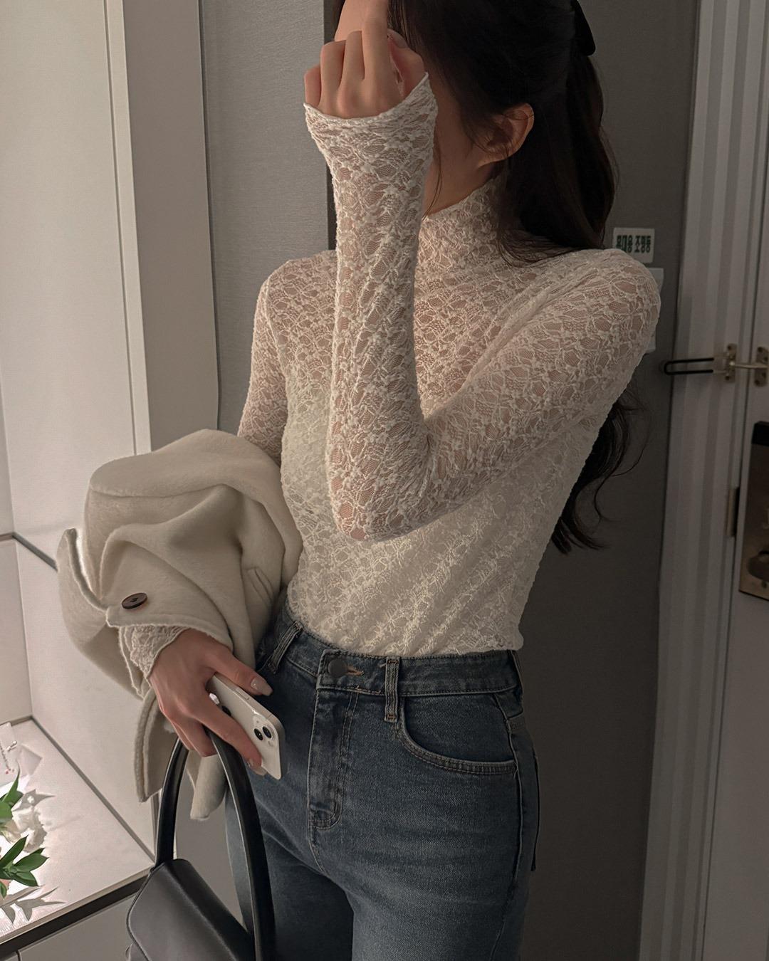 로 시스루 레이스 티셔츠(데일리 꾸안꾸 데이트룩 연말룩 파티룩 시스루 시스루티셔츠 레이스티셔츠 하이넥 목폴라 폴라티)