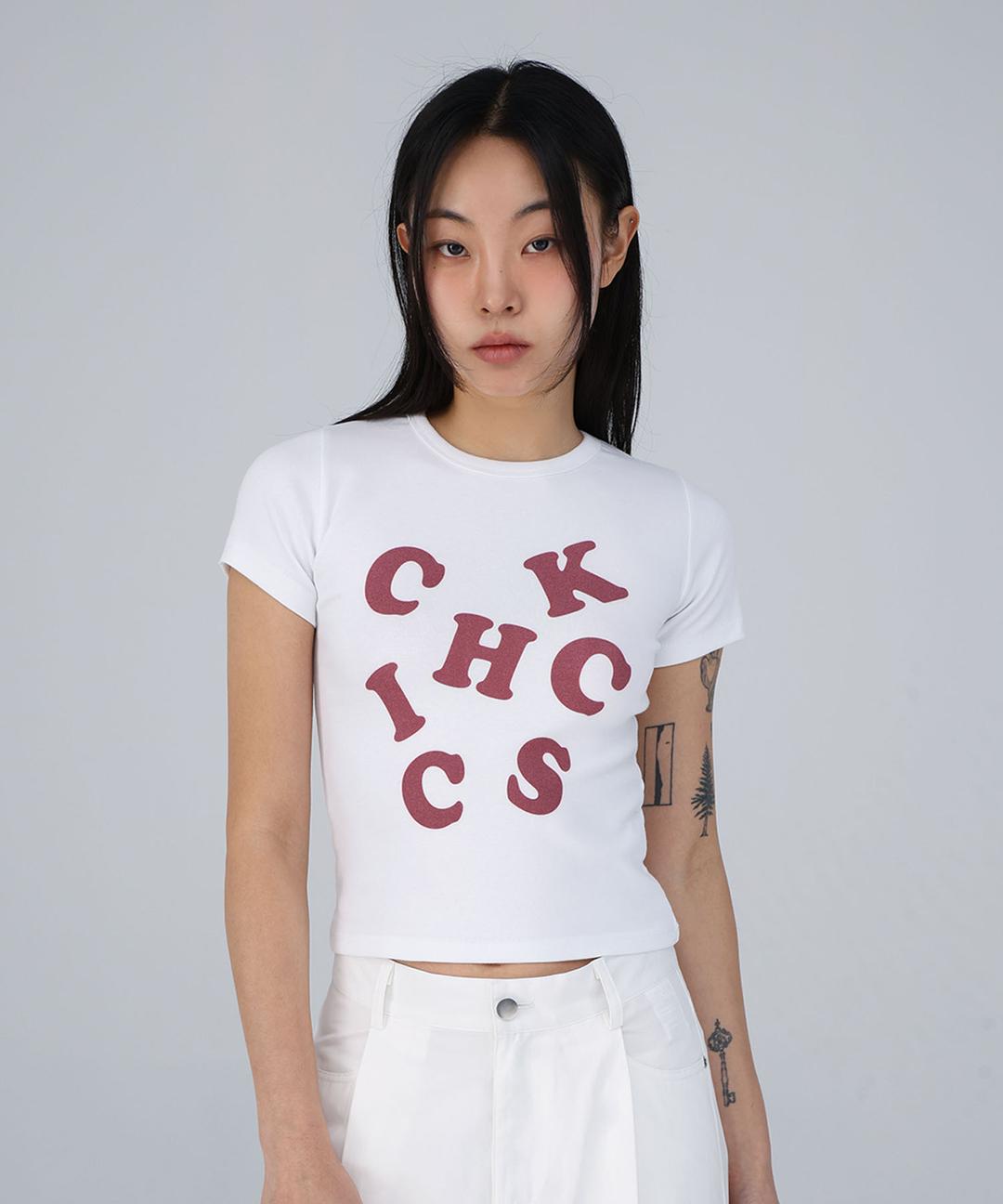 CHICKS WORD 레드 크롭 반팔티 반팔 티셔츠 화이트
