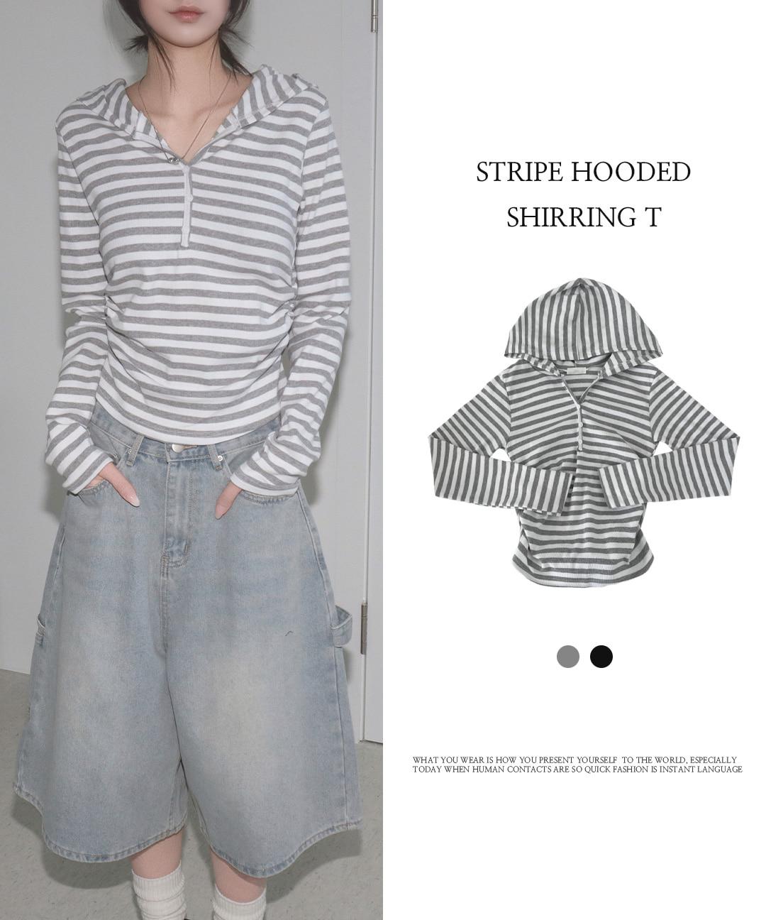 투이어즈 [꾸안꾸/러블리힙🖤]스트라이프 단가라 후드 셔링 티셔츠 (2color)