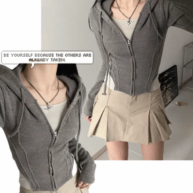 탄 골지 후드 집업 Ribbed Hooded zip-up y2k