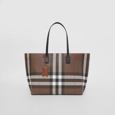 체크 레더 미디엄 토트 (다크 버치 브라운) | Burberry®