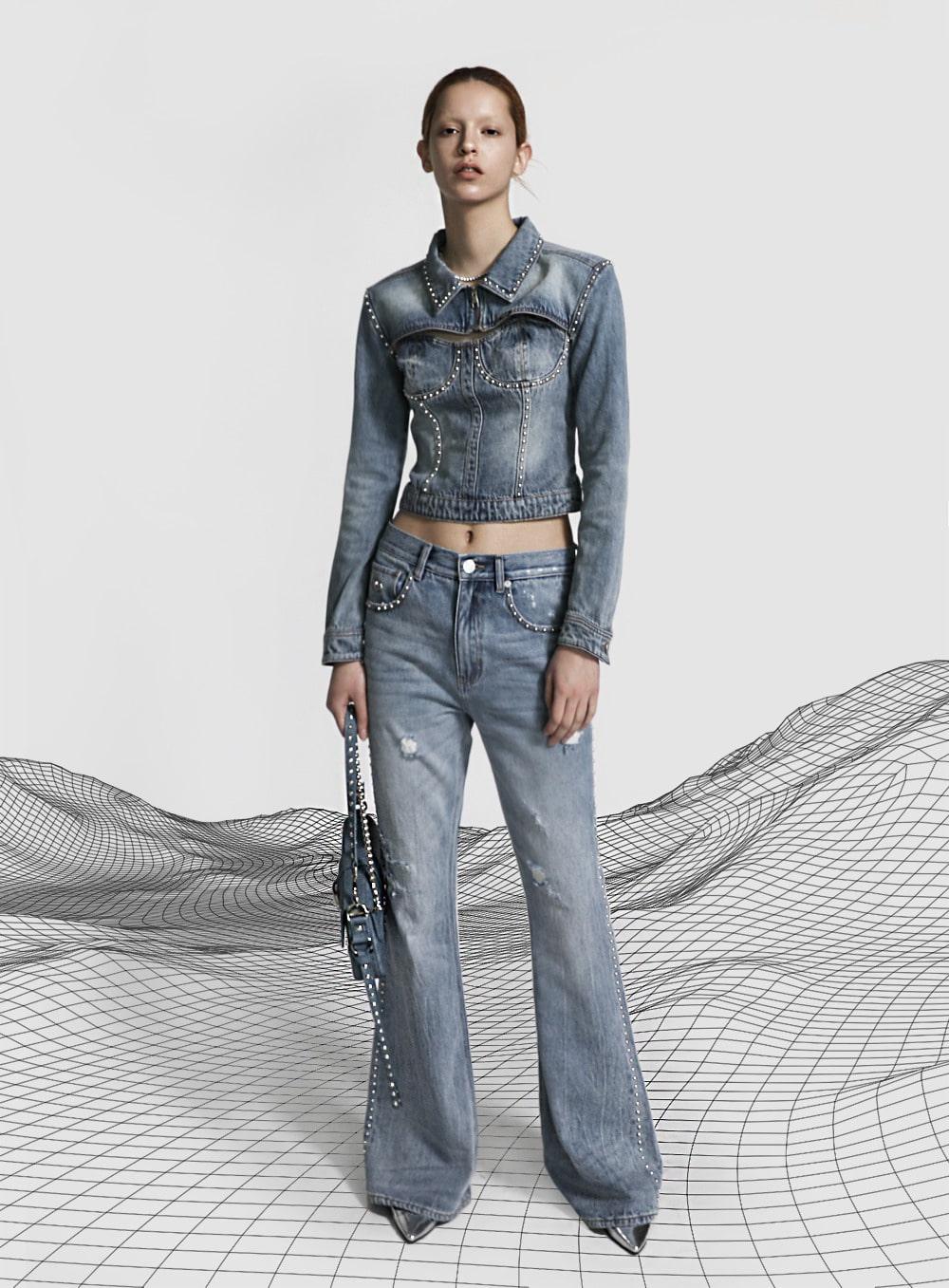 [5/31 발송] [w-dnm23-003] 스터드 붓컷 데님 팬츠 - 블루