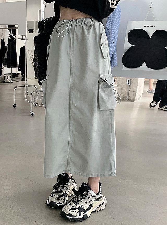 (2color)Y2K 브루 카고 스트링 밴딩 롱 스커트