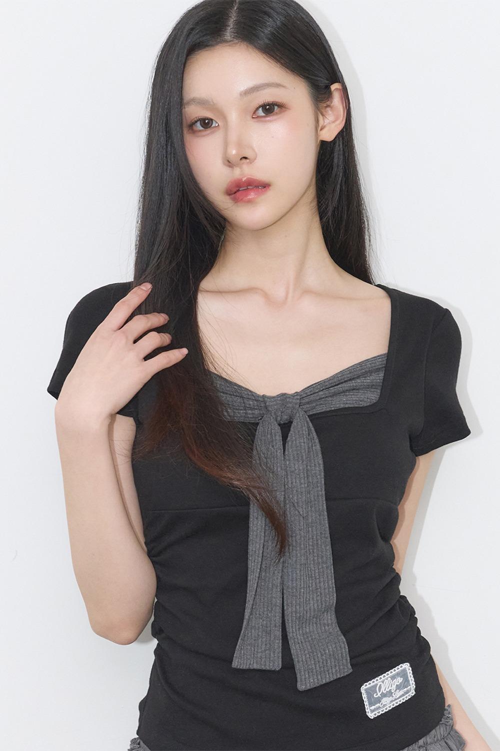 [05/27 예약발송] 레이어드 리본 타이 티셔츠 블랙
