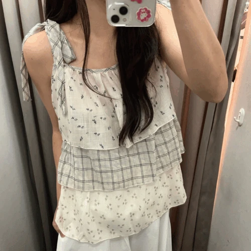 리본끈 캉캉 배색 나시 블라우스