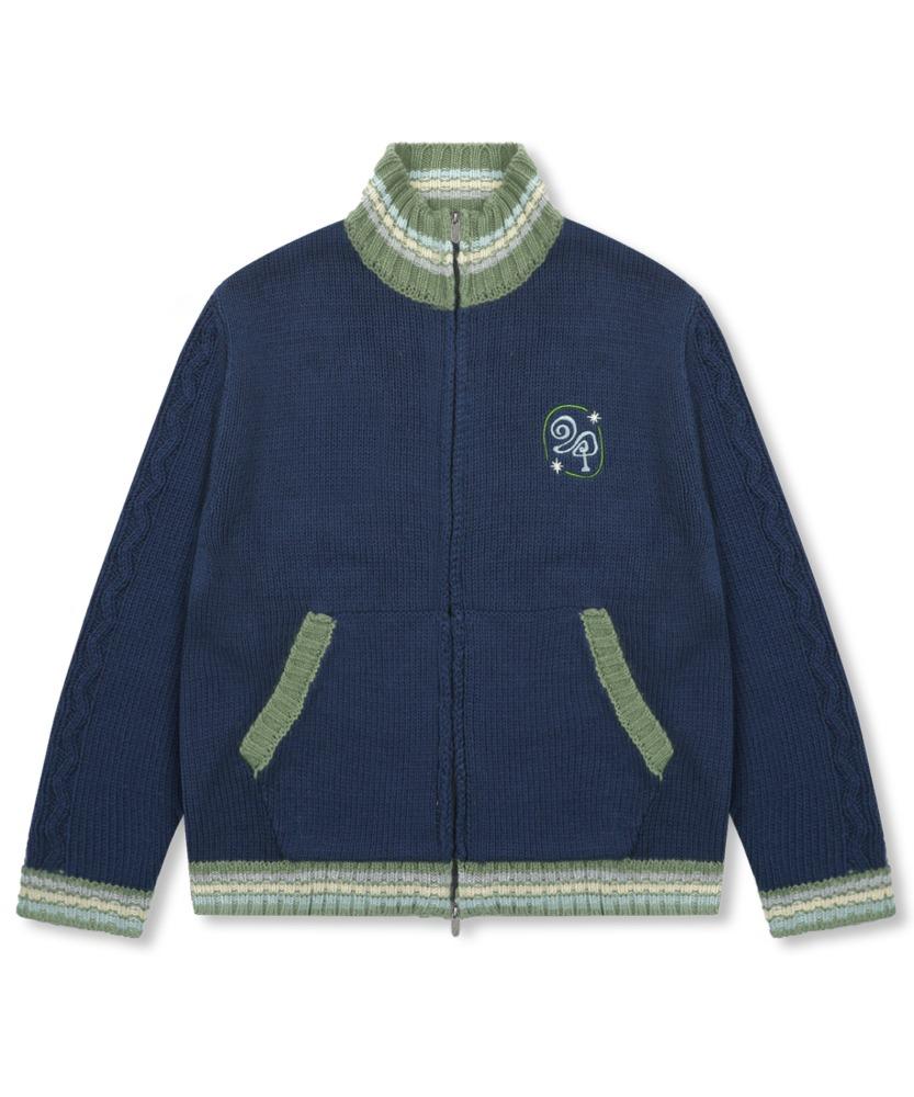 WXK024 카나데 스트라이프 배색 니트 집업 (NAVY)