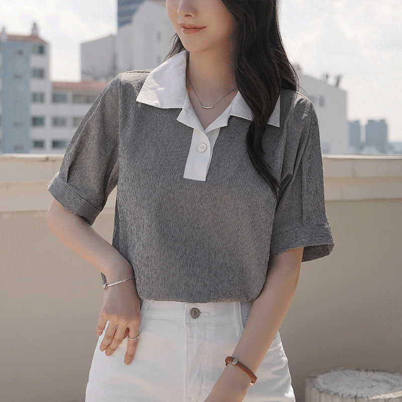 롯핀배색 카라블라우스