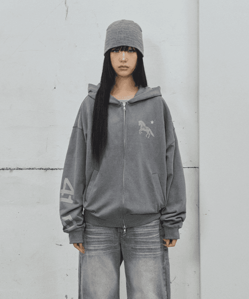 Midnight Horse Zip-up Hoodie / Pig Grey