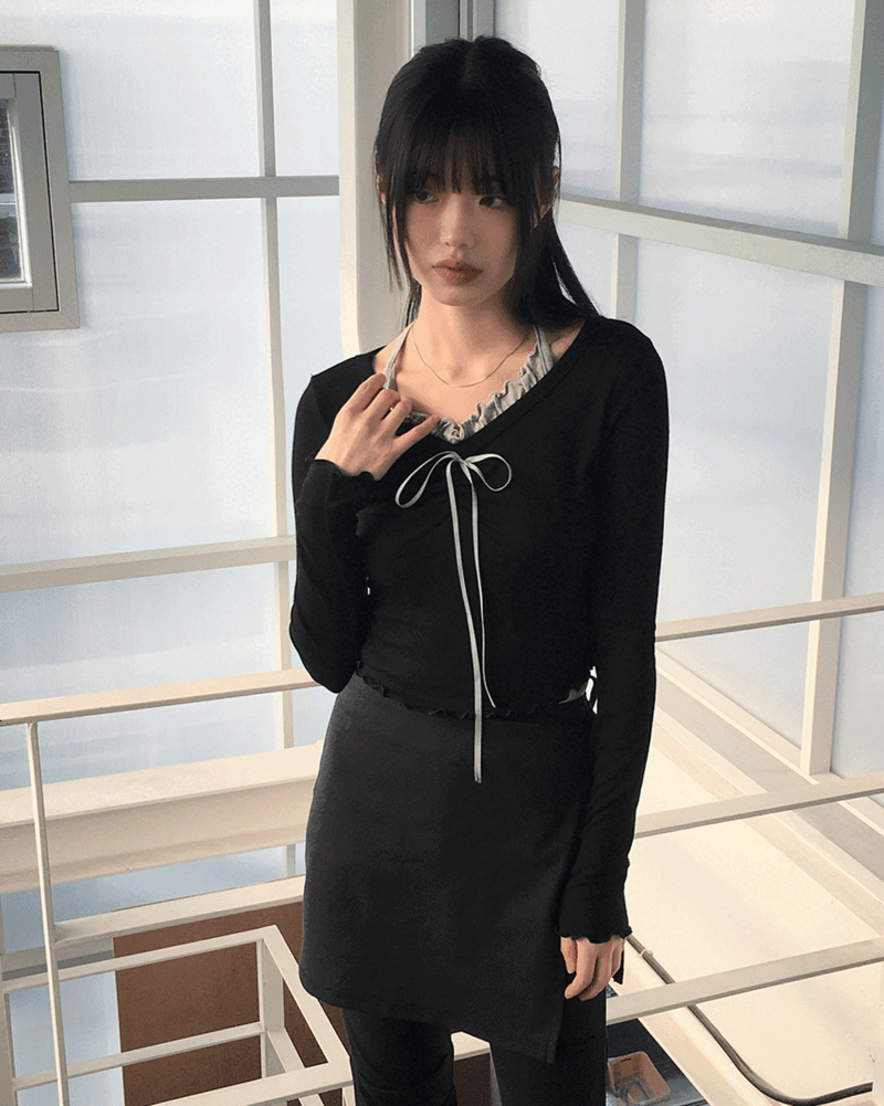 칠링 발레코어 셔링 리본 물결 나시 일체형 긴팔 티셔츠