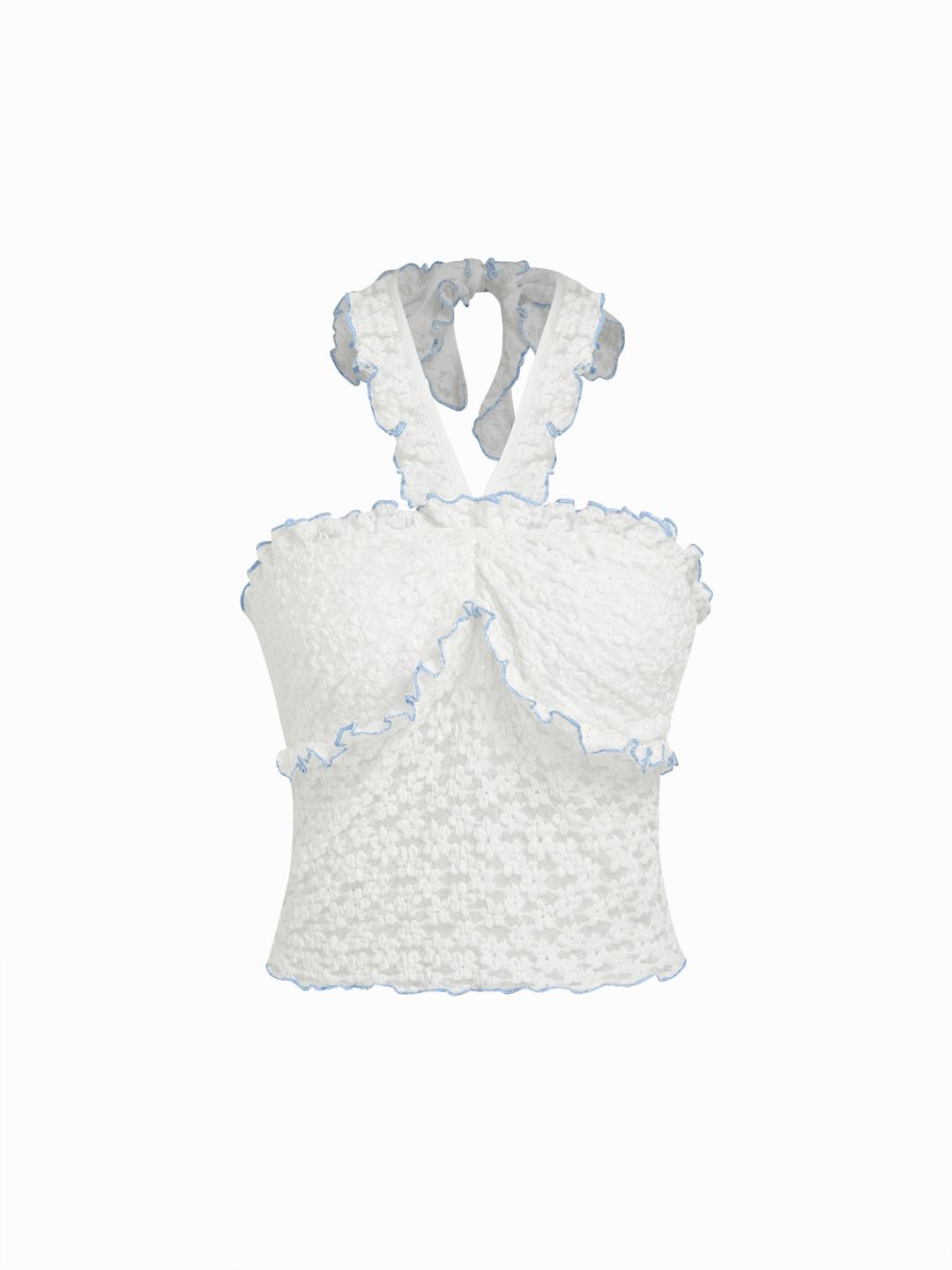 Cotton-blend Halter Neck Floral Lettuce Trim Blouse