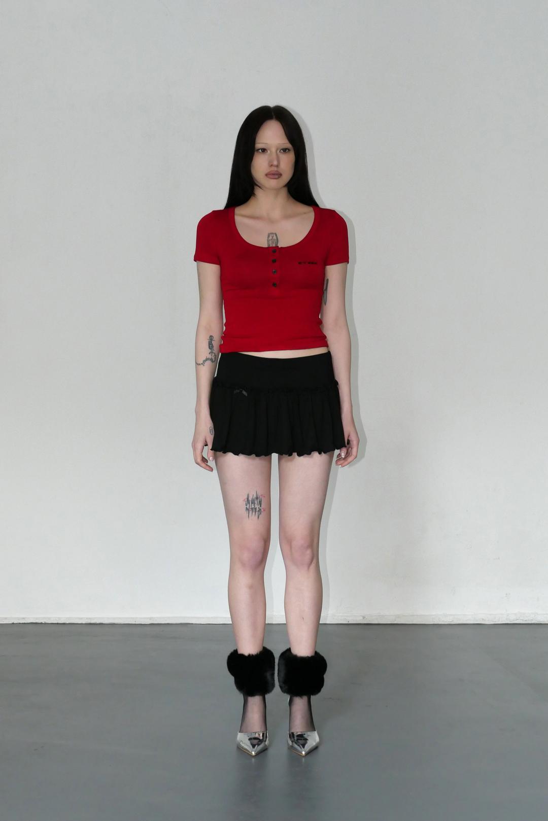 Basic Logo Button Short Sleeve Top - Red