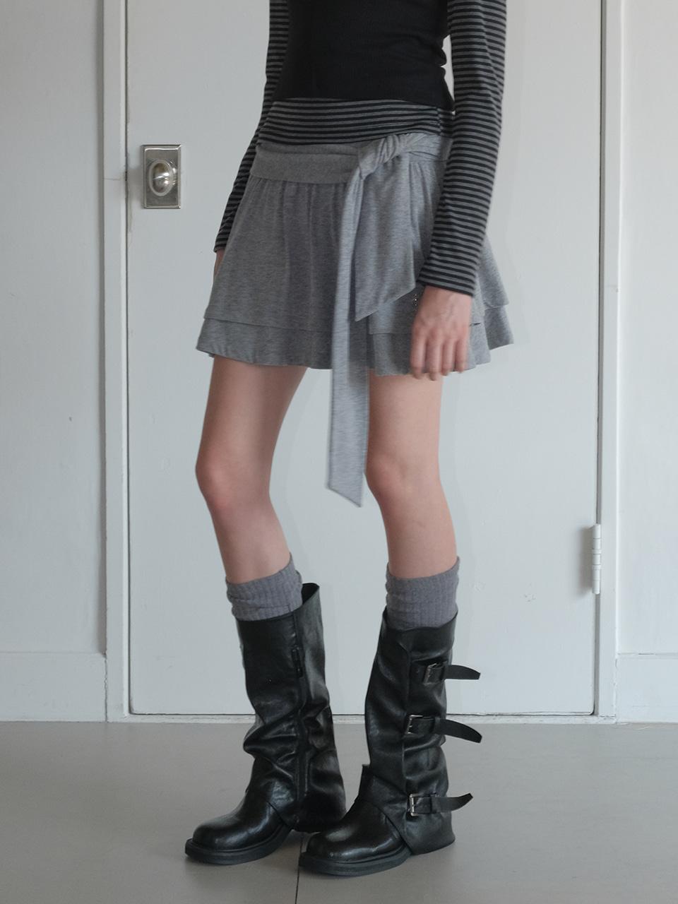 에트몽 Knotted Frill Mini Skirt, Melange Grey