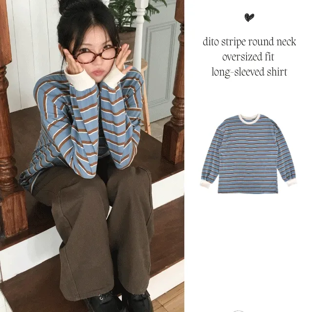 *2개 구매시 할인* [봄신상🩷/모델소장] 디토 스트라이프 라운드넥 오버핏 긴팔티셔츠