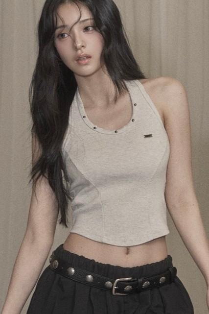 Damage Stud Halter Top (beige)