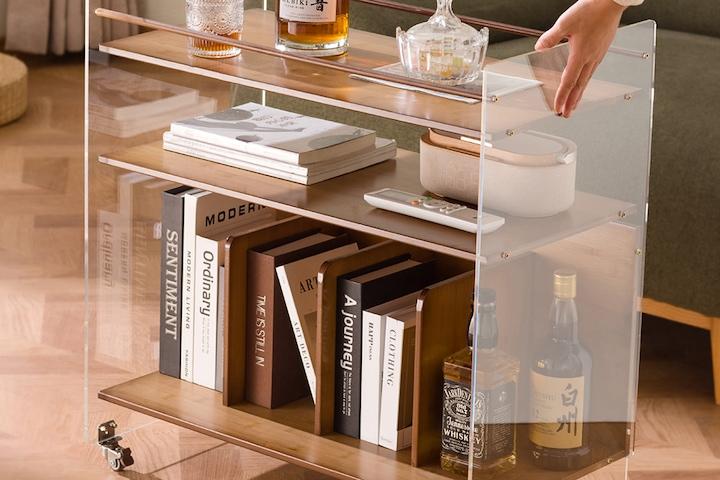 [해외] 아크릴 우드 이동식 트롤리 협탁 테이블