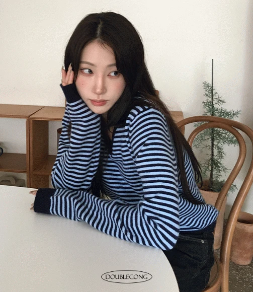 [모델추천/화사한색감]빌리 루즈핏 브이넥 스트라이프 니트(3colors)