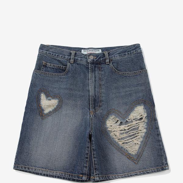 THE MUSEUM VISITOR X FILA HEART DESTROYED DENIM SHORTS