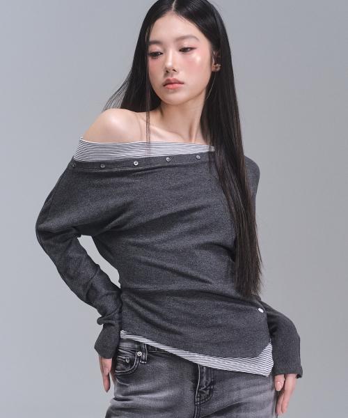 페이 스트라이프 오프숄더 탑 [CHARCOAL]