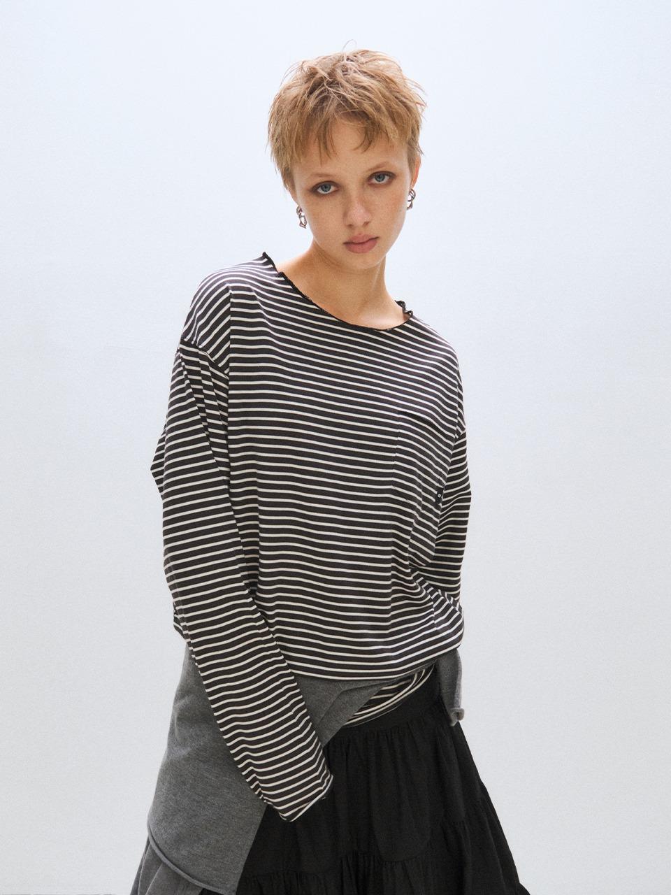 [PLZPROJECT]LOOSE STRIPE LONG SLEEVE, CHARCOAL