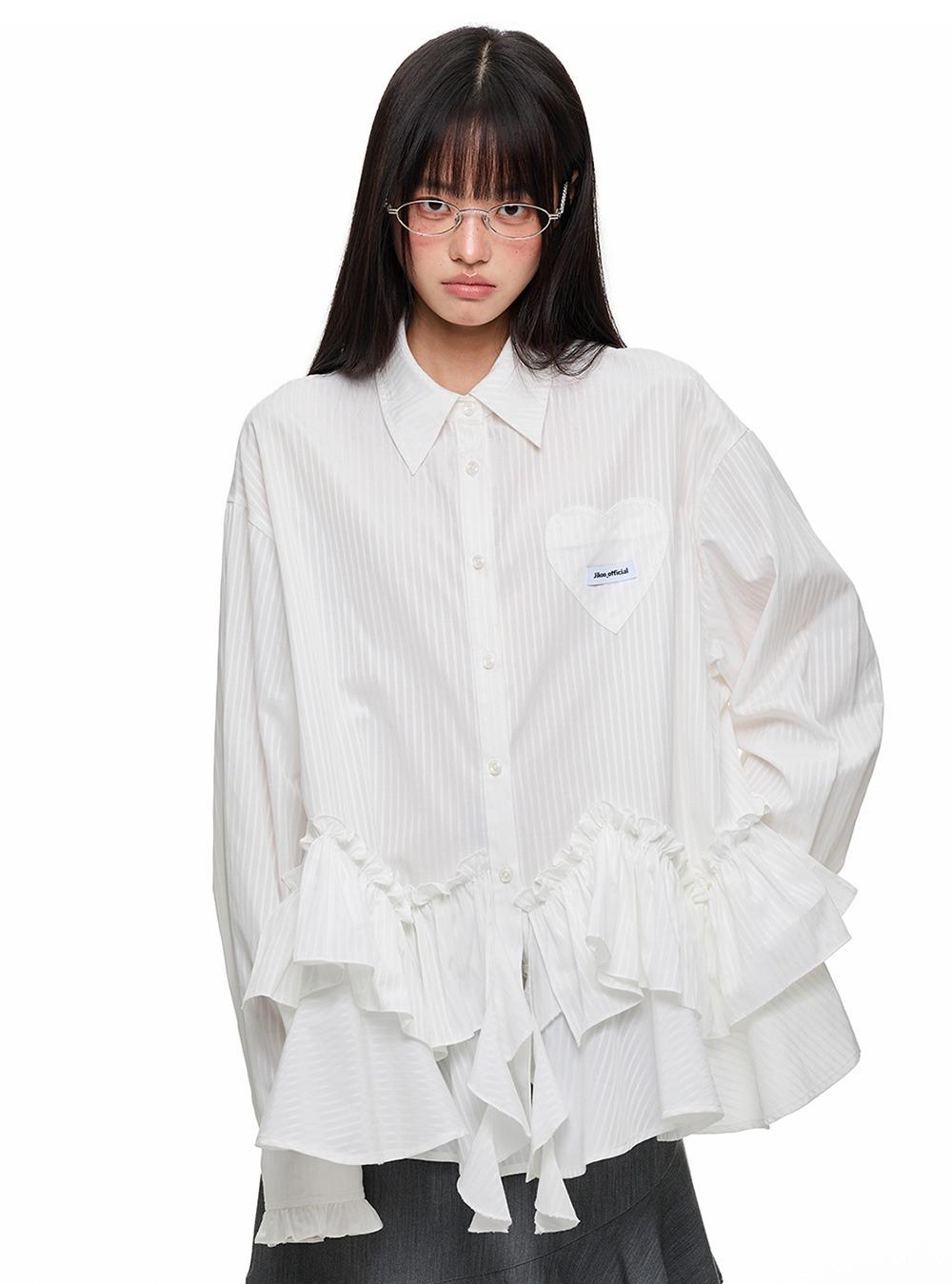 Ruffle Heart Pocket Oversized Shirt