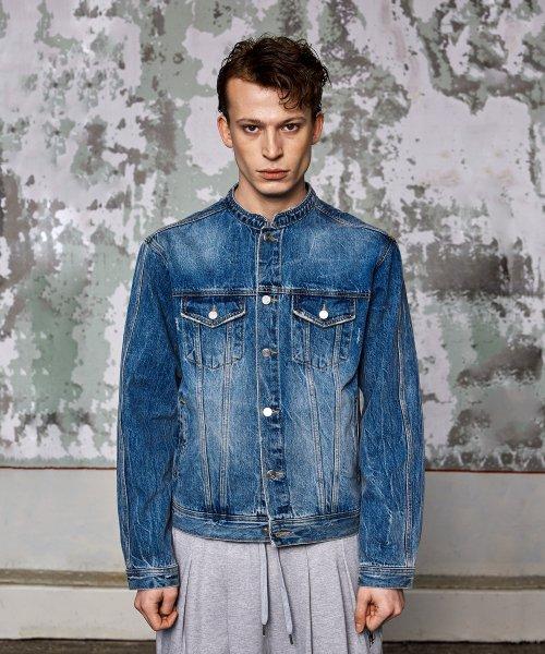 High neck denim biker jacket - BLUE