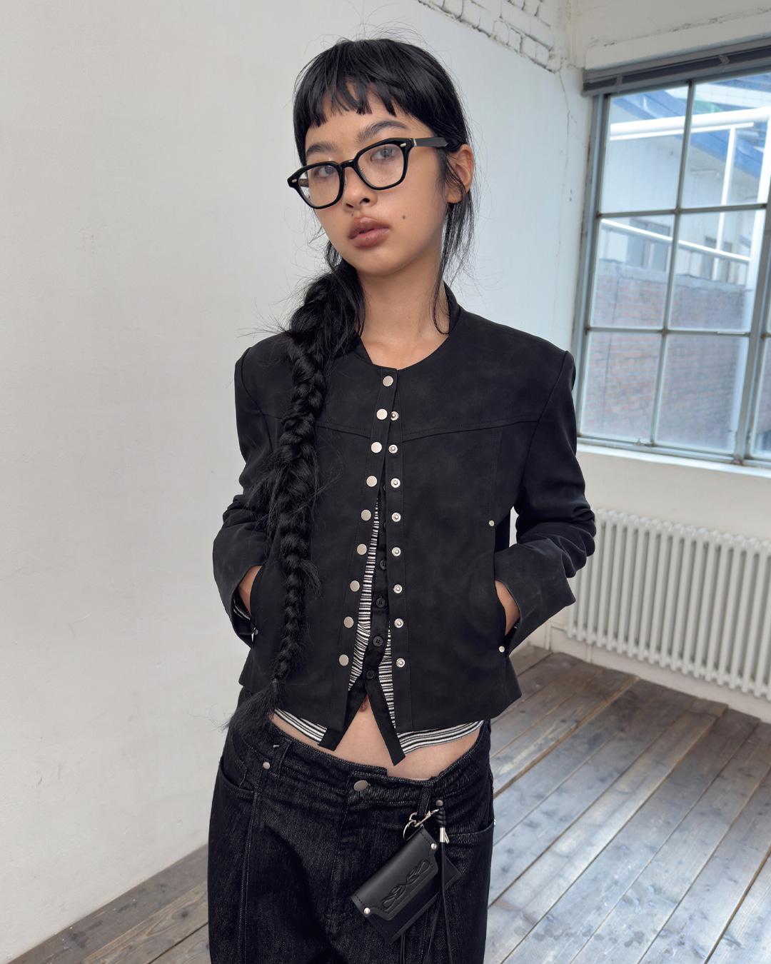 [9/8예약배송]LEATHER SNAP CROP JACKET-BLACK