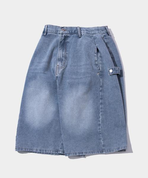 사이드 비조 포인트 와이드 하프 버뮤다 데님 팬츠[연청]