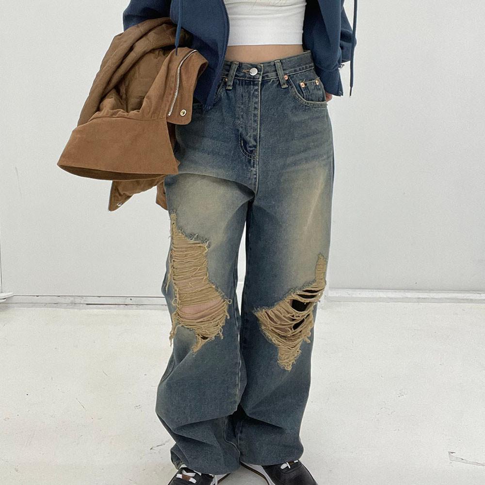 wild washing ripped denim 롱 와일드 워싱 무파진 (S,M,L)