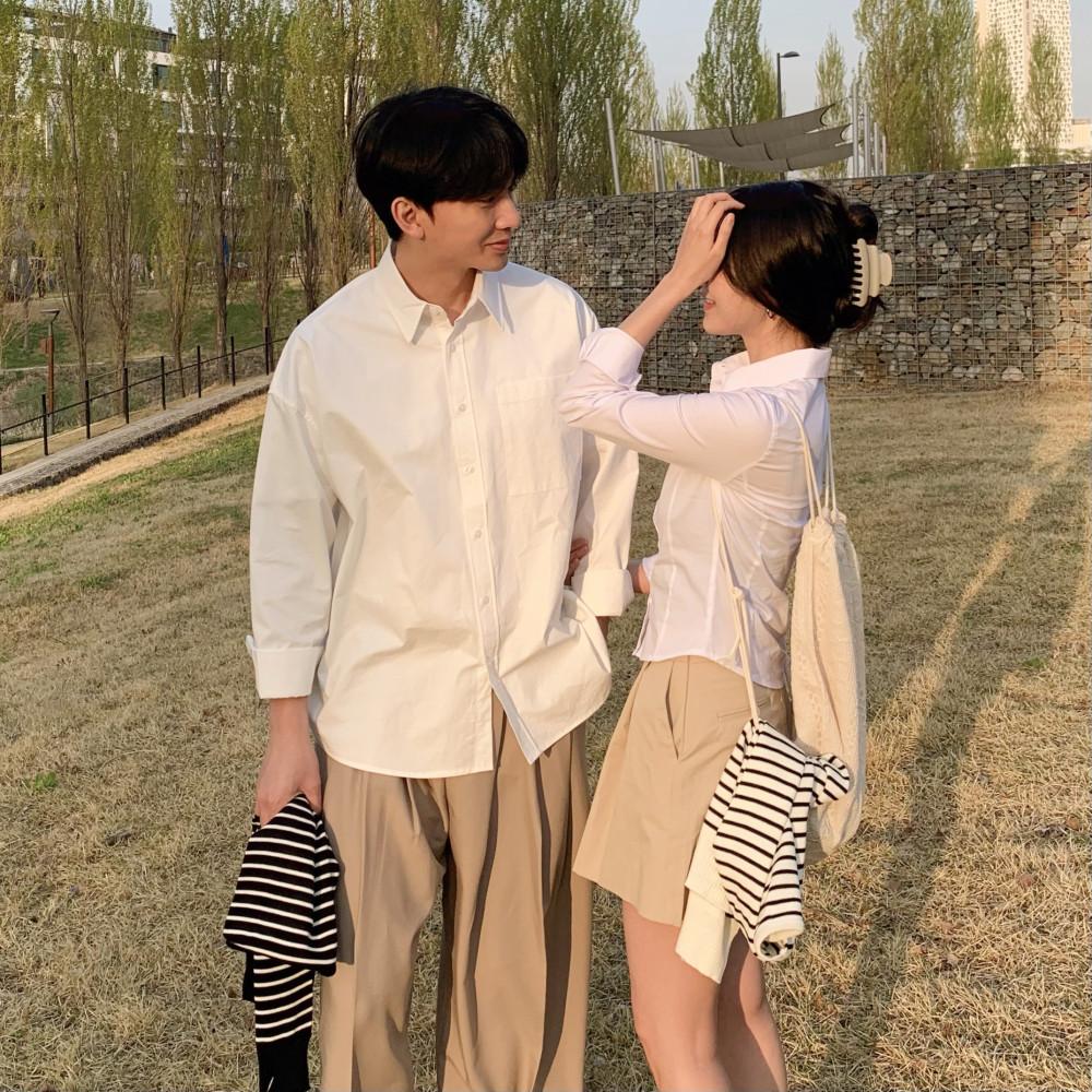 봄 데이트 신혼여행 화이트 기본 레이어드 셔츠 커플시밀러룩