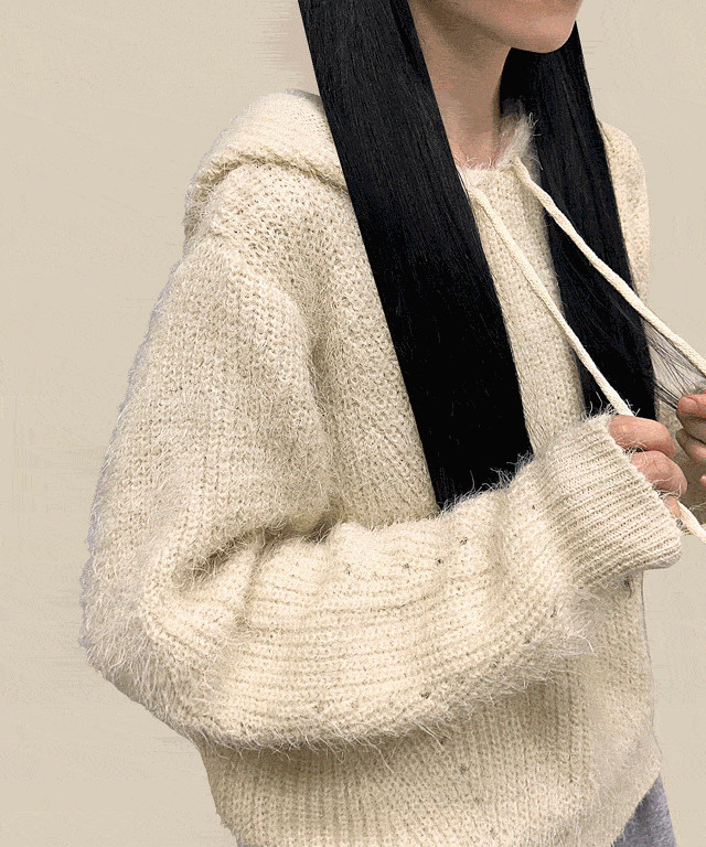 보송여리🤍 [데일리!] 유하 루즈핏 솔잎 앙고라 후드 니트 루즈/아방/빅사이즈/스웨터/벌룬/데일리