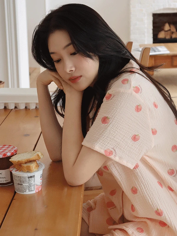 [☁코튼] J'eu 복숭아 요루면 반팔 파자마 잠옷 세트