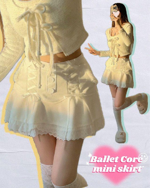 발레코어 바비 레이스 코르셋 리본 니트 미니 스커트 - 단추 토끼 털 퍼 캉캉 프릴 러플 A라인 치마