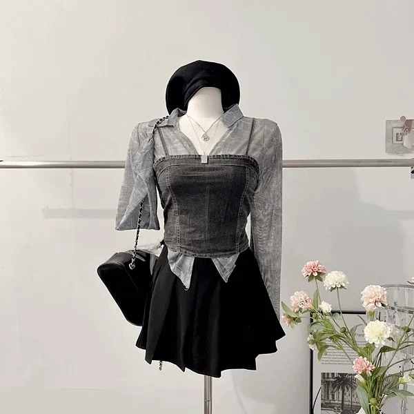 *당일발송* [세트가격!/하이틴!] 소르베 크롭나시 데님탑 튜브탑 뷔스티에 타이다이 시스루 긴팔 크롭셔츠 블라우스 A라인 플레어 플리츠스커트 미니스커트 가을투피스 세트 셋업 하객룩