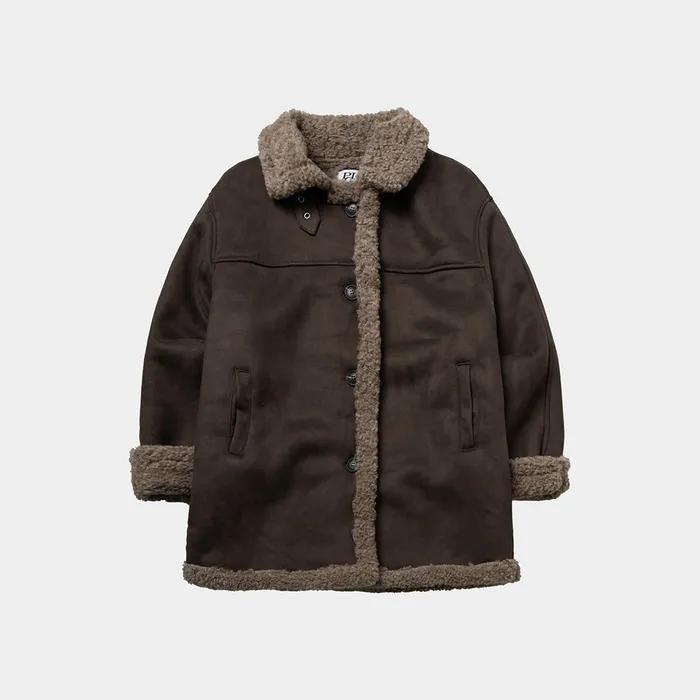 양털 하이넥 시어링 스웨이드 오버핏 무스탕 하프 자켓 [브라운]