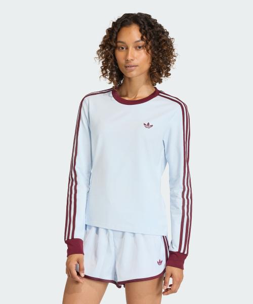 3-스트라이프 롱 슬리브 슬림 핏 티셔츠 - 크리스탈스카이:마룬 / KD3689