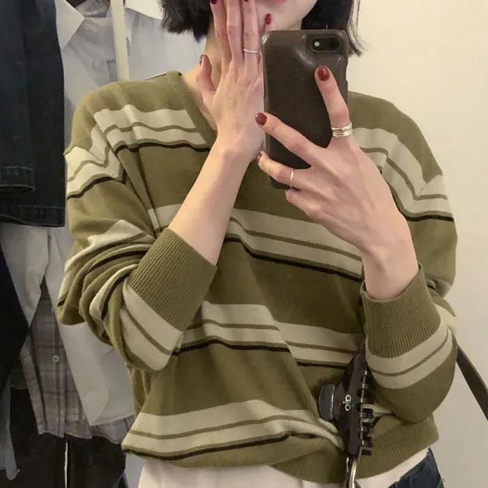 Multi Stripe V-neck Knit Top (Olive)