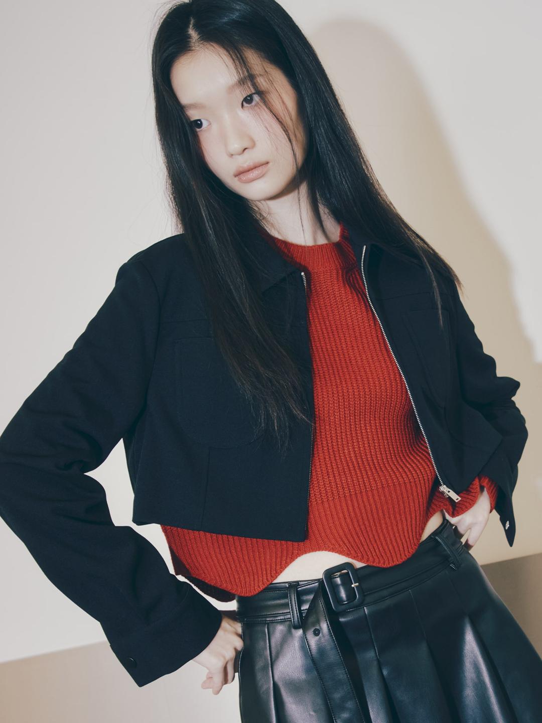 크롭 집업 셔츠 - 블랙