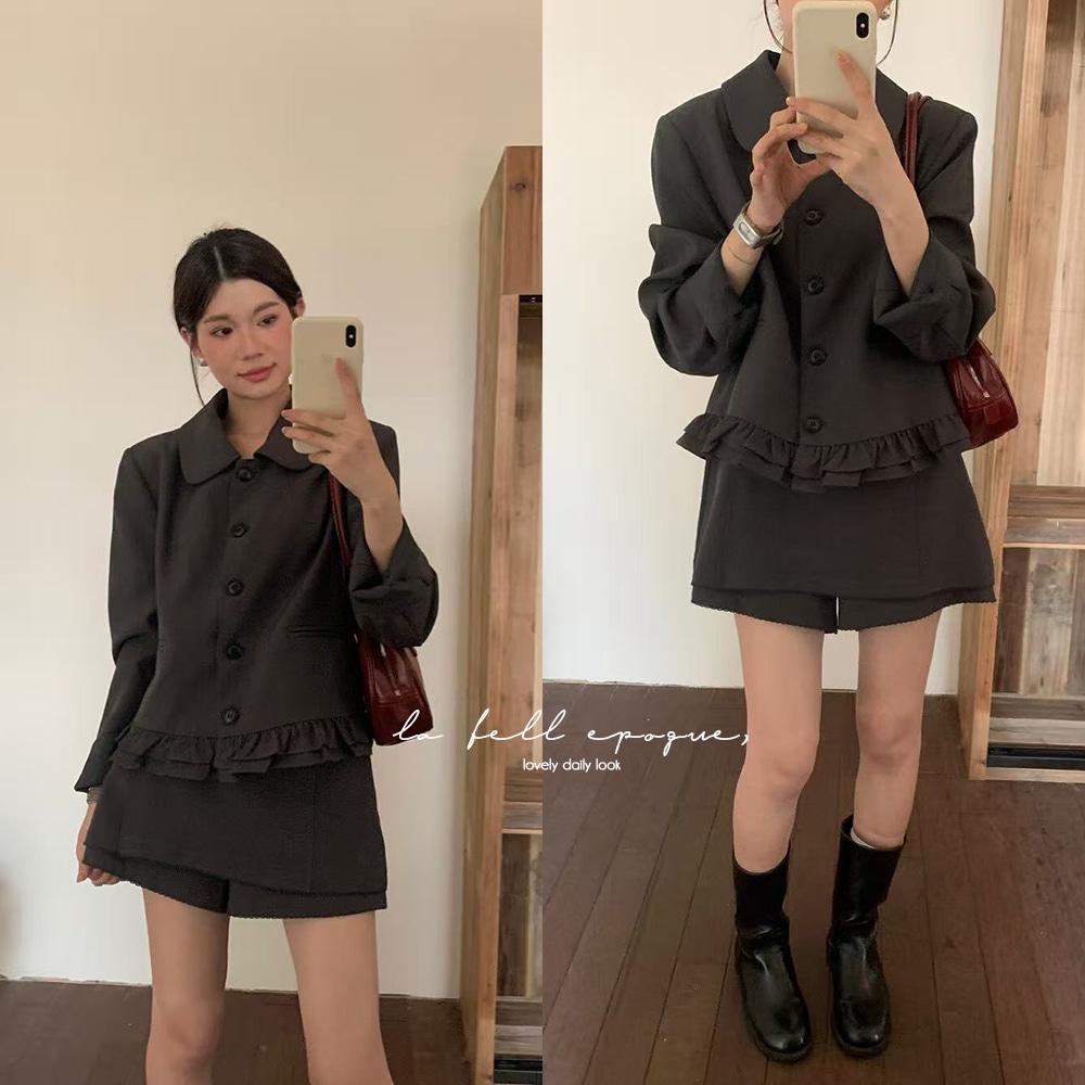 머랭 가을 결혼식 하객 프릴 카라 자켓 치마 바지 투피스 세트