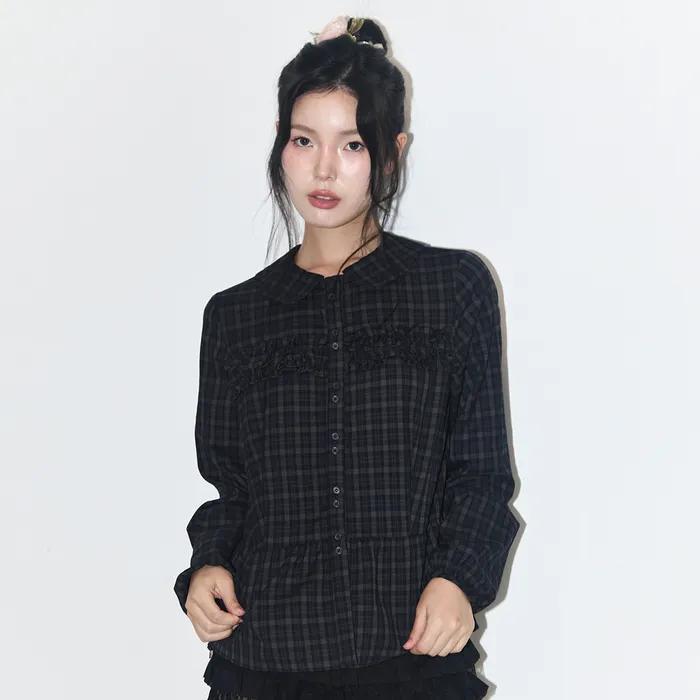 러플 라운드 셔츠 체크 네이비