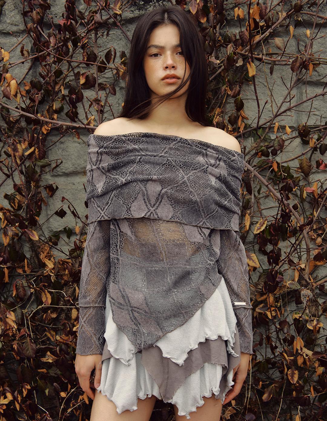 ARGYLE LACE OFF-SHOULDER SWEATER, ASH BROWN