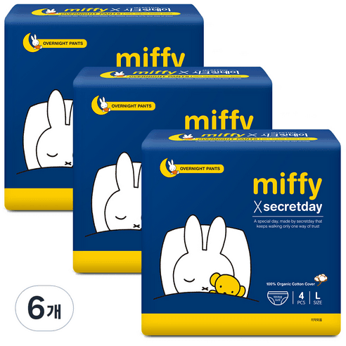 시크릿데이 미피 유기농 입는오버나이트 대형, 팬티형, 4개입, 6개