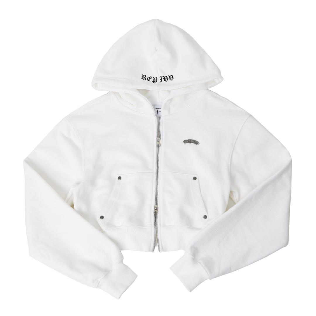 Distressed Logo Crop Hoodie Zip-up (White)